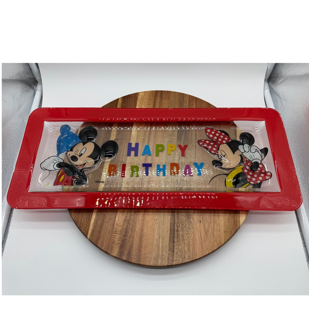 Disney Mickey Minnie Mouse Happy Birthday Glass Serving Tray Red Platter
